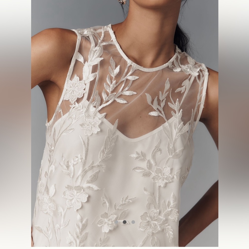 ♥️Anthropologie Flat White Sheer Embroidered Mini Dress - Picture 3 of 6